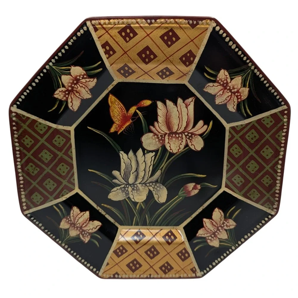 Vintage Oriental Accent Plate Octagon Decorative Butterfly Flowers Ceramic Black
